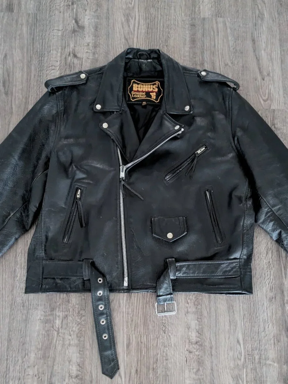 Vintage Bonus Heavy Genuine Leather Biker Riding Jacket - Mens Sz 48 Heavy Black